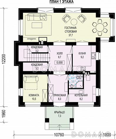 Проект двухэтажного газобетонного загородного дома с просторной гостиной-столовой и четырьмя спальнями / План 1 этажа