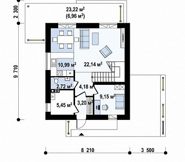 Проект современного двухэтажного дома с кабинетом, террасой, ванной с окном / План 1 этажа