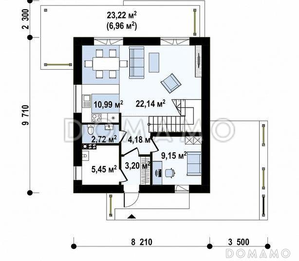 Проект современного двухэтажного дома с кабинетом, террасой, ванной с окном / План 1 этажа