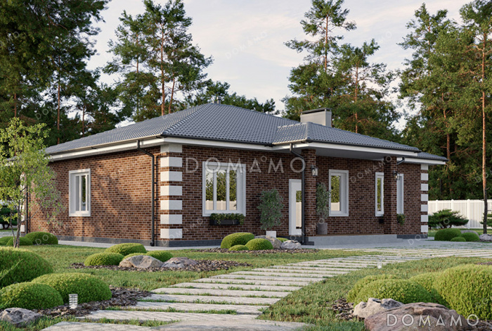 Проект одноэтажного дома в классическом стиле с угловой террасой, большой кухней-гостиной и четырьмя спальнями