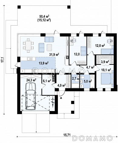 Проект комфортного одноэтажного дома из кирпича с панорамным остеклением обеденной зоны и гаражом / План 1 этажа