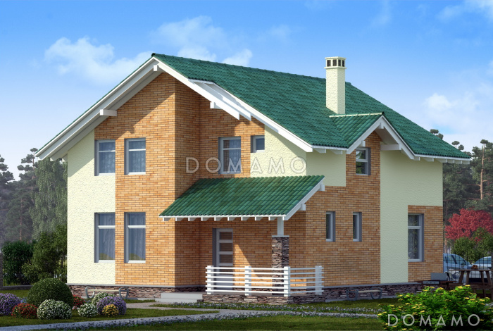 Проект коттеджа с зеленой крышей и желтыми кирпичными вставками