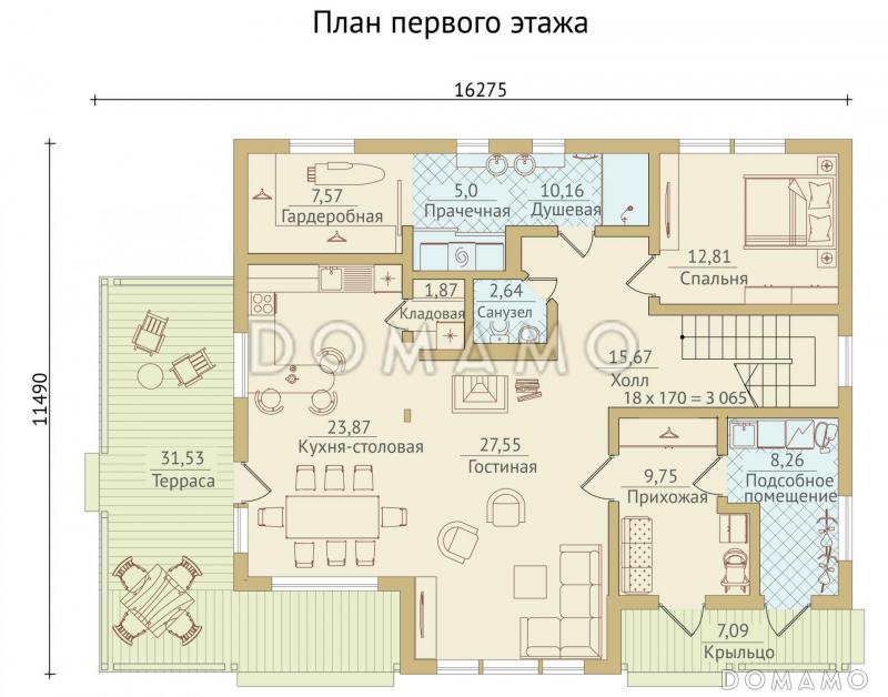 Проект каркасного дома с мансардными окнами и вторым светом / План 1 этажа