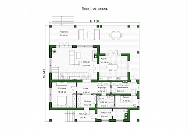 Проект мансардного дома с сауной, вторым светом, террасой и балконом / План 1 этажа