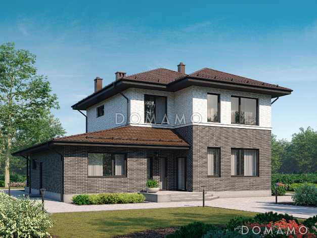 Проект двухэтажного дома с широким крыльцом, отдельным блоком для гостей, террасой