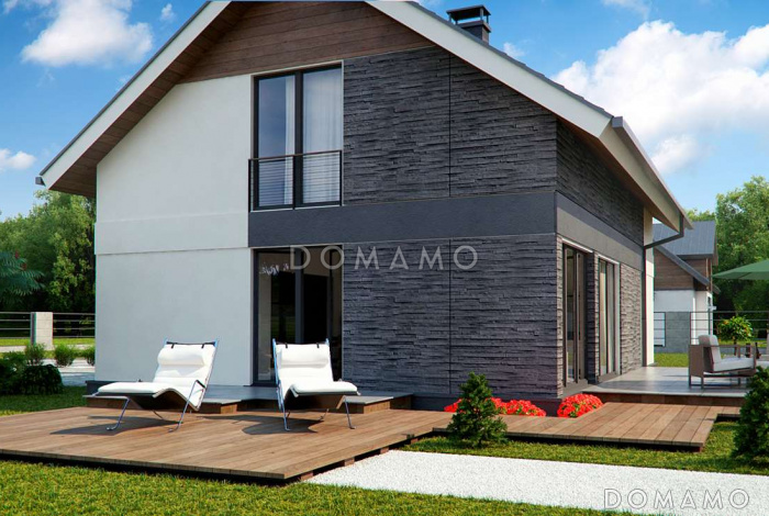 Проект одноэтажного мансардного дома из кирпича с четырьмя спальнями и панорамным остеклением гостиной