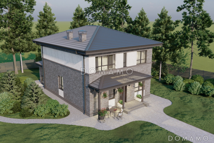 Проект двухэтажного каркасного дома с крытой террасой и четырьмя спальнями на втором этаже