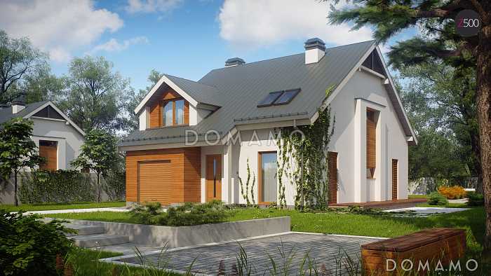 Проект одноэтажного мансардного дома из кирпича с кабинетом, гаражом и большой гостиной