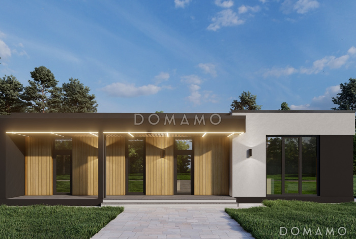 Проект одноэтажного дома с мастер-спальней, просторной кухней-гостиной и блоком с тремя спальнями