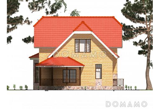Проект полутораэтажного коттеджа с яркой облицовкой и открытой террасой из СИП панелей / Фасад 3