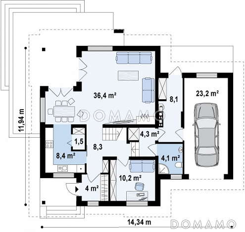 Проект одноэтажного мансардного дома из газобетона с кабинетом, гаражом и комнатой над гаражом / План 1 этажа