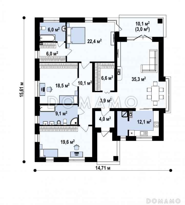 Проект загородного дома с хозяйской спальней, кухней с кладовой, ванной с окном / План 1 этажа