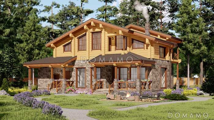 Проект двухэтажного дома из газобетона и бруса, с тремя балконами и террасой