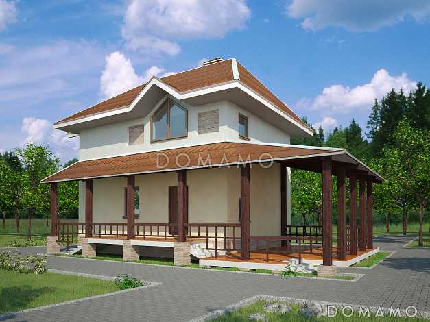 Проект небольшого дома из пеноблоков с эркером, просторной гостиной и большой крытой террасой