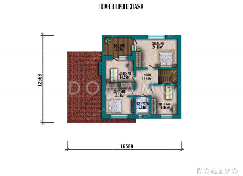 Проект двухэтажного дома с террасой и гаражом / План 2 этажа