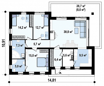 Проект компактного одноэтажного дома из газобетона с тремя спальнями и светлой просторной гостиной / План 1 этажа