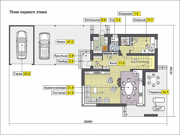 Проект дома с навесом и гаражом для машин, крытой террасой, котельной с отдельным входом с улицы, большой кухней и гостиной, вторым светом / План 1 этажа