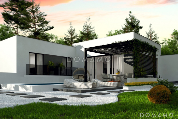 Проект одноэтажного дома с плоской крышей, гаражом, спальнями с санузлами