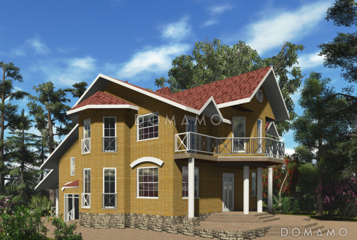 Проект двухэтажного коттеджа с цоколем, с двумя эркерами, балконом и двумя террасами