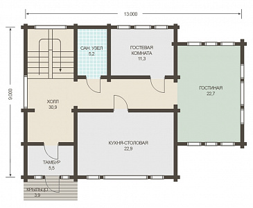 Проект двухэтажного дома из клееного бруса с изолированной кухней-столовой / План 1 этажа