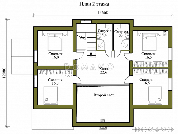 Проект двухэтажного газобетонного дома с просторной террасой, сауной и пятью спальнями / План 2 этажа