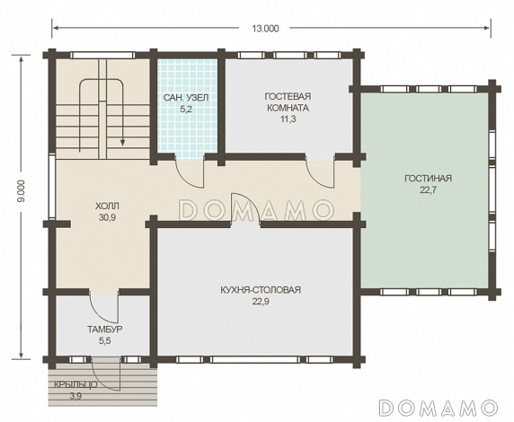 Проект двухэтажного дома из клееного бруса с изолированной кухней-столовой / План 1 этажа