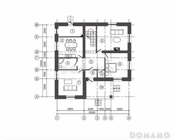 Проект загородного дома с мансардным этажом без окон / План 1 этажа