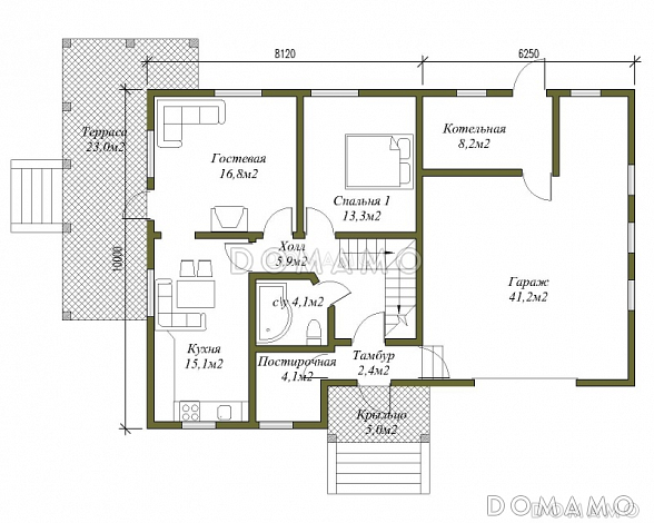 Проект двухэтажного коттеджа с большим гаражом / План 1 этажа