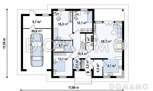 Проект большого одноэтажного мансардного дома из газобетона с тремя спальнями на каждом этаже и гаражом / План 1 этажа