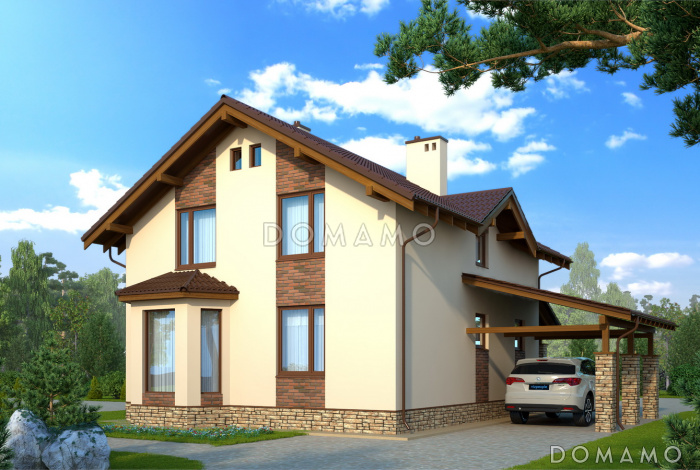 Проект вместительного коттеджа с каменными столбами крыльца и навеса