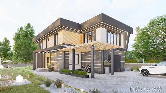 Проект двухэтажного дома из газобетона со встроенным гаражом, верандой и спортзалом