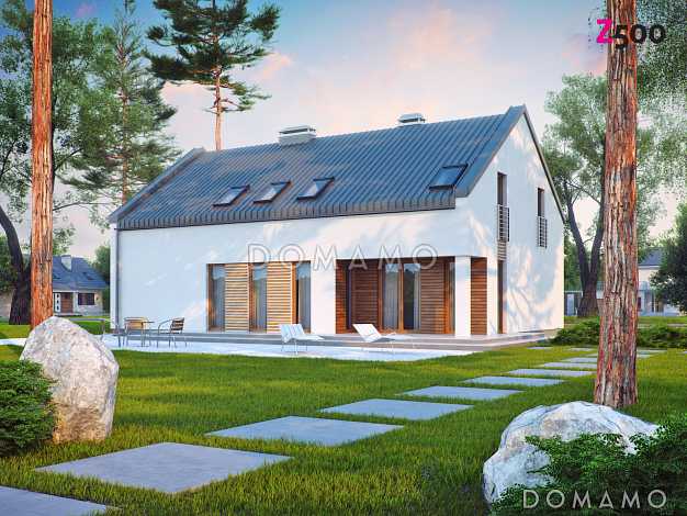 Проект просторного современного одноэтажного мансардного дома из кирпича с большой кухней-столовой, четырьмя комнатами и гаражом