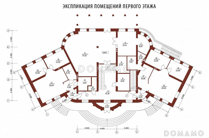 Проект двухэтажного дома из кирпича с правым и левым крылом / План 1 этажа