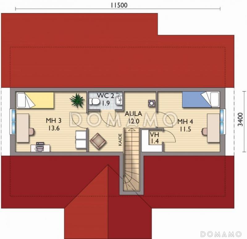 Проект каркасного дома с небольшими комнатами на мансардном этаже / План мансардного этажа