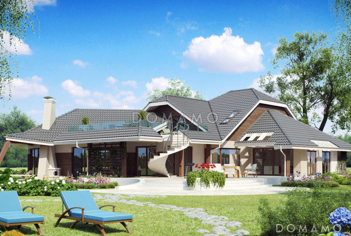 Проект красивого просторного мансардного коттеджа из газобетона с террасой на втором уровне