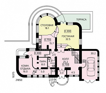 Проект комфортабельного дома с необычной формой в плане, гаражом и парной / План 1 этажа