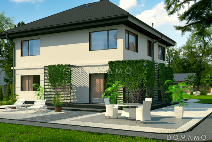 Проект дома с гаражом на две машины, просторной гостиной, комнатой на первом этаже, кладовой