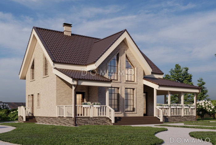 Проект двухэтажного каркасного дома со вторым светом, просторной крытой террасой и сауной