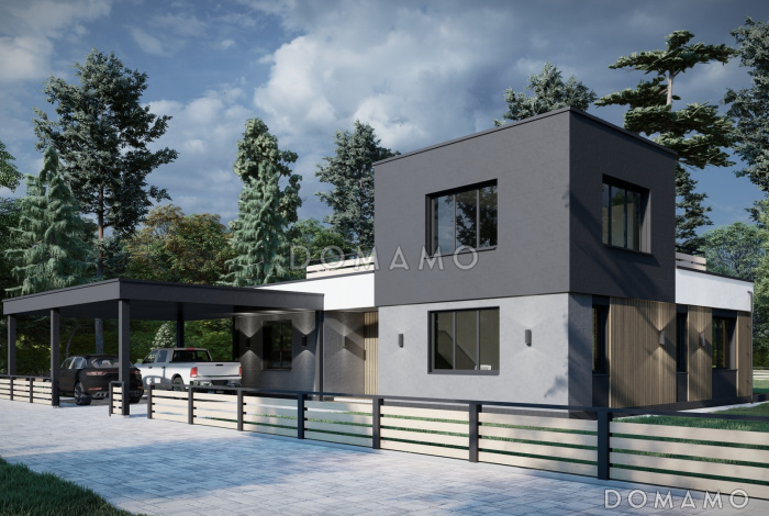 Проект большого дома с навесом для автомобилей, 2 спальнями и кабинетом на втором уровне