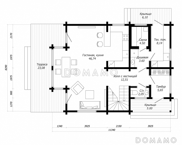 Проект дома из клееного бруса с тремя спальнями на втором этаже / План 1 этажа