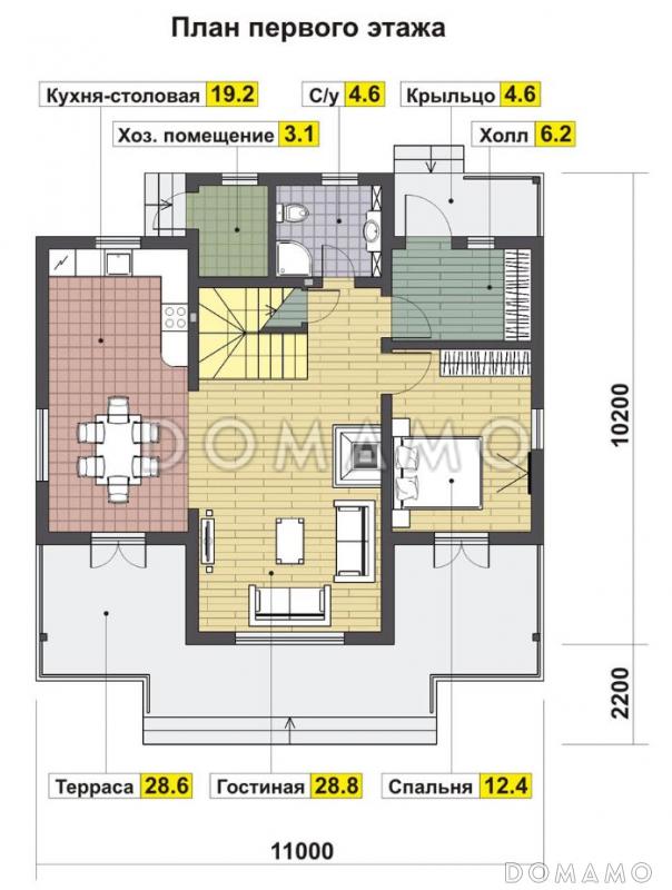 Проект дома с просторной гостиной и холлом на втором этаже / План 1 этажа