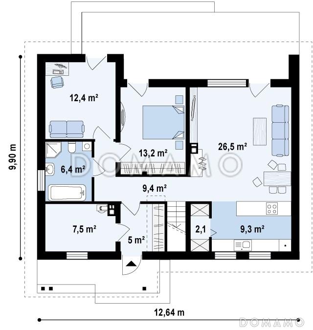 Проект одноэтажного мансардного дома из кирпича с кабинетом, гостевой спальней и хозяйственным помещением на первом этаже / План 1 этажа