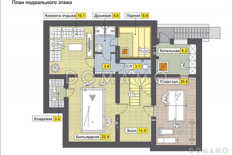 Проект светлого дома с бильярдной и спортзалом в цокольном этаже,  длинным балконом,  панорамными окнами в спальне на мансарде / План цокольного этажа
