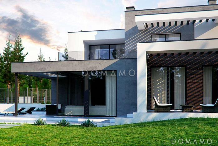 Проект большого современного двухэтажного дома из газобетона с четырьмя спальнями, кабинетом и гаражом для участка с рельефом