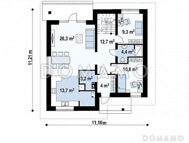 Проект двухэтажного дома с балконом, кабинетом и спальней на первом этаже, тремя спальными комнатами на втором / План 1 этажа