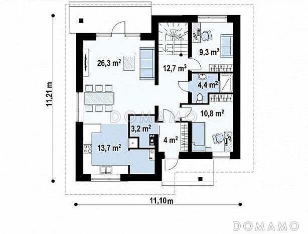 Проект двухэтажного дома с балконом, кабинетом и спальней на первом этаже, тремя спальными комнатами на втором / План 1 этажа