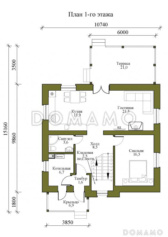 Проект одноэтажного дома из газобетона с мансардой и четырьмя спальнями / План 1 этажа