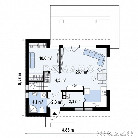 Проект одноэтажного мансардного дома из газобетона с большой площадью остекления в гостиной / План 1 этажа