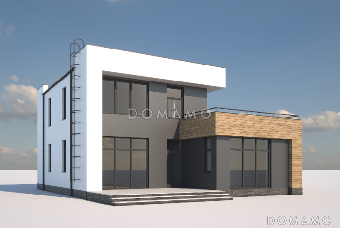 Проект дома с гаражом, террасой, хозяйской спальней, эксплуатируемой кровлей на втором этаже