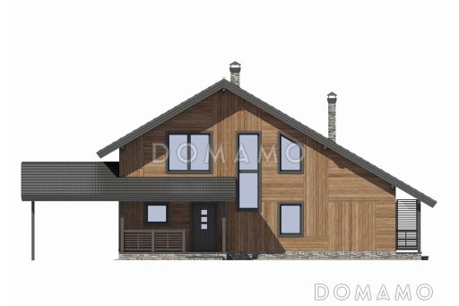 Проект дома из газобетона с большой террасой и навесом для автомобиля / Входной фасад